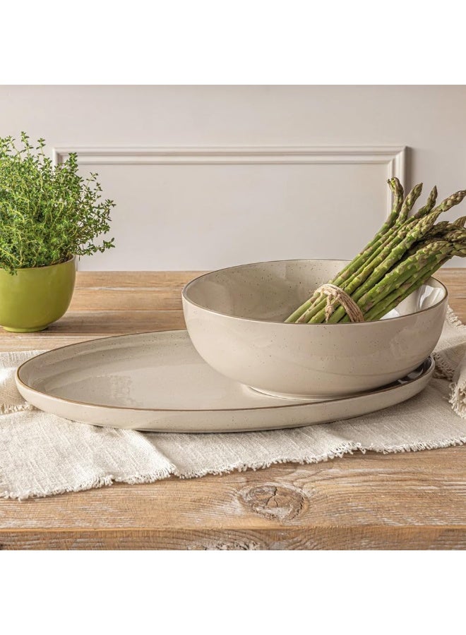 over&back Options Stoneware 2 Piece Serving Set, Durable Everyday Serveware, 1 x Serving Bowl - 25.7 cm / 2.89 L & 1 x Serving Platter - 40.8 x 27.3 cm - Linen Cream - Image 1